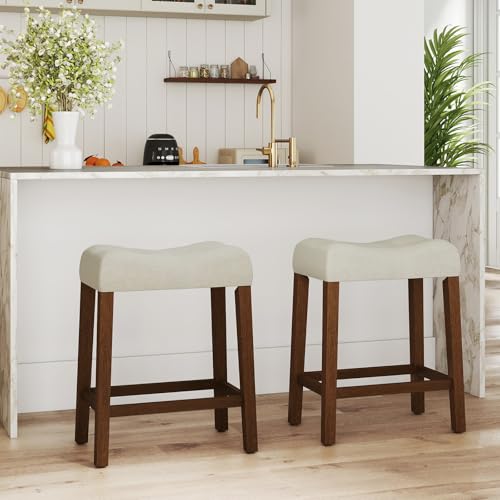 Image of Giantex 24 inch Bar Stools Set of 2, Upholstered Counter Height Saddle Bar Stools with Footrest and Wood Legs, Farmhouse Button Tufted Backless Barstools for Kitchen Island, Dining Room, Cafe, Beige+Brown