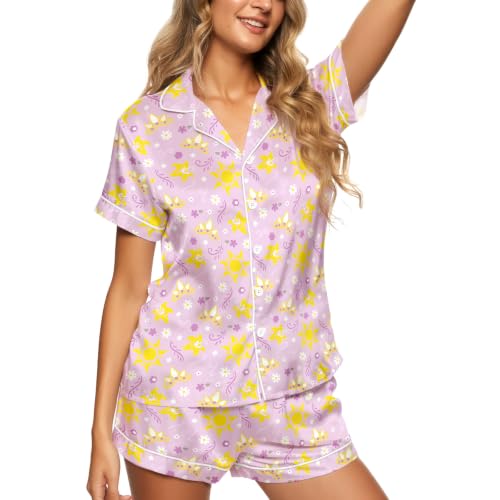 Image of Women 2PCs Satin Pajama Set Short Sleeve Silk Feel Gift Sleepwear | Soft stretch satin; relaxed comfort fit sizes S-3XL for sleep & lounge; short sleeve top, elastic waist shorts; easy care