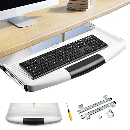 引き出し式ホワイトキーボードトレイ(デスク下) - 自宅/オフィス/学校/キッチンキャビネット/ガレージのツール用調節可能なキーボード引き出し - 省スペース設計