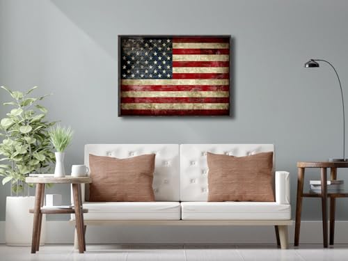 Image of Pyradecor Walnut Framed Canvas Wall Art Old Vintage American Flag Canvas Prints Abstract Pictures Paintings for Office Home Decorations