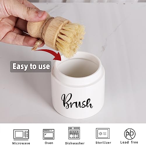 Image of Ceramic Dish Brush Holder, Farmhouse Kitchen Scrub Brush Holder Dishwashing Brush Stand, Soap Dispensing Palm Kitchen Brushes Holder, Easy to Clean (White)