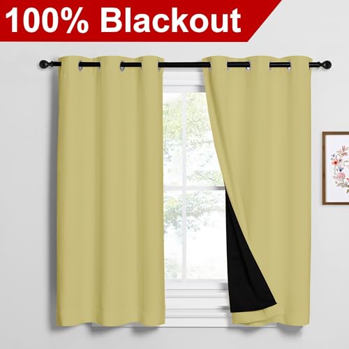 Image of NICETOWN Paler Yellow 100% Blackout Curtains 2 Panels with Black Liners, Thermal Insulated Full Blackout 2-Layer Lined Drapes, Noise Cancellation Window Draperies for Dining Room (42 inch W by 54 inch L)