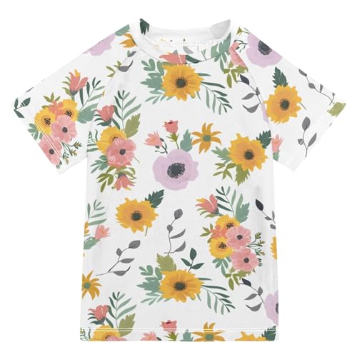 ALAZA Boys Swim Shirts Toddler Rash Guard Short Sleeve Rashguard Flower Rural Style UPF 50+ 11-12T