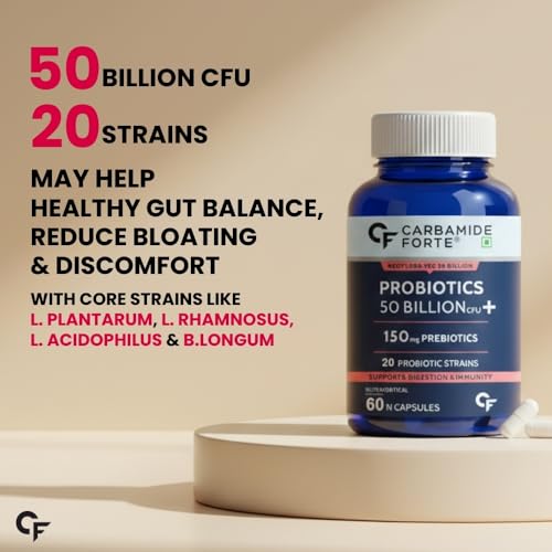 Carbamide Forte Probiotics Supplement 50 Billion CFU Gut Health Supplements with Probiotic | Gut Cleanse with Prebiotics and Probiotics – 60 Capsules
