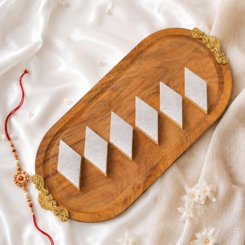 Image of BEHOMA Mango Wood Oval Serving Platter, Brass Motif, 37cm | Mango wood oval platter with brass motif, 37cm; festive serveware for Durga Puja & Navratri decor.