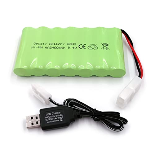 Gecoty Piles AA rechargeables Ni-MH rechargeable, 4,8 V 2400 mAh RC avec câble de charge et prise SM pour télécommande voiture, éclairage, outils électriques