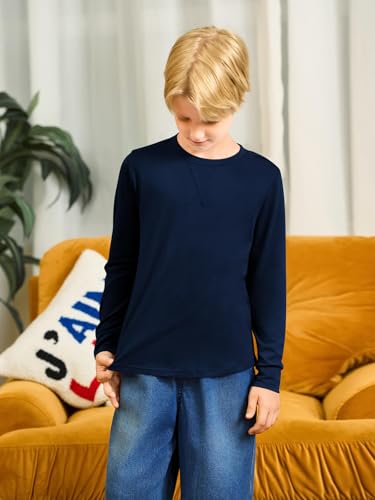 Haloumoning Boys Long Sleeve Shirts Kids Casual Crewneck Fall Tops Curve Hem Basic Tees 5-14Y3