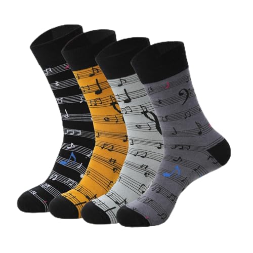 HotJna Mens Music Note Socks 4-Pack - Black White Grey Yellow Knit-in Pattern Cotton Crew Socks Gift for Him