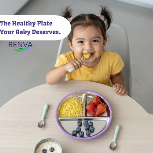 Image of RENVA Stainless Steel Kids Plates Suction Plate for Baby,Divided Toddler Plates with Removable Silicone Sleeves for Mess-Free Feeding, Non-Toxic, Non-Slip (Purple, 1 Plate)