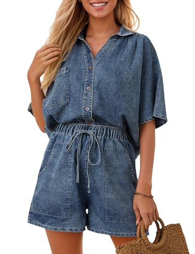Zilcremo Womens 2 Piece Outfits Summer Denim Sets Short Sleeve Button Down Crop Jean Shirts High Waist Denim Shorts Sets Darkblue S