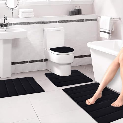4 Stück Badezimmermatten Sets, Weiche Badematte Memoryschaum, Badezimmerteppich, rutschfeste Badezimmer Toilettenmatte, Badteppich rutschfest Waschbar Badvorleger Set für Wanne WC (Schwarz) – Bild 5