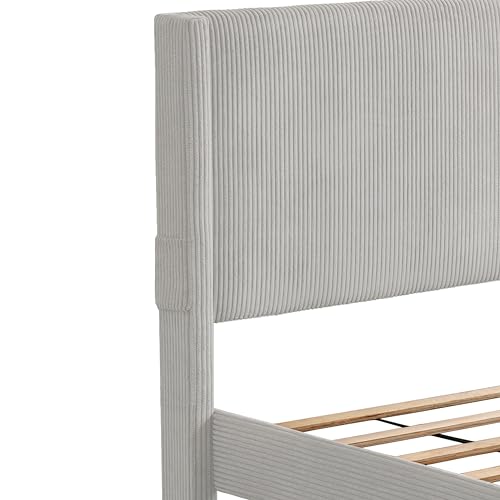 Geelife CORDUROY VELVET QUEEN FOOTBOARD DRAWER STORAGE UPHOLSTERED WINGBACK BED NO BOX SPRING REQUIRE GRAY