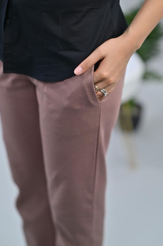Image of Mlada Straight Fit Cigarette Pencil Pants Elastic Waist Band Mid High Waist Formal Office Trousers for Women, Pockets for Travel Stretch Cotton Knit Full Length Regular /Plus Size