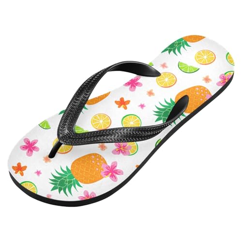 Pineapple Hibiscus White Flip Flops for Beach Thong Sandals Anti-slip Lightweight Flat Slippers for Summer Travel Swim2