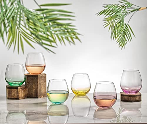 Joyjolt Hue Stemless Wine Glass Set. Large 15 Oz Stemless Wine Glasses Set Of 6. Short Wine Tumblers For White Wine Glasses, Red Wine Glasses, Water Glasses, No Stem Margarita Glasses, Colored Tumbler #TOP6