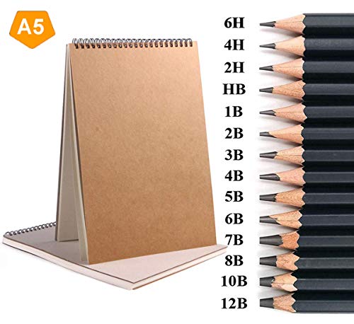 Uhat Carnet de croquis à spirales avec 60 faces 30 feuilles 160 g/m² Couverture rigide pour artistes et croquis avec 14 crayons de dessin 6H à 12B Format A3 A4 A5 A5