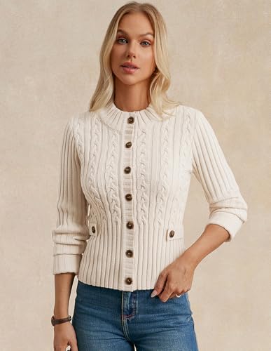GRACE KARIN Women Cable Knit Button Up Sweater, Crewneck Cropped Cardigan, Early Fall Fashion Outfits 20252