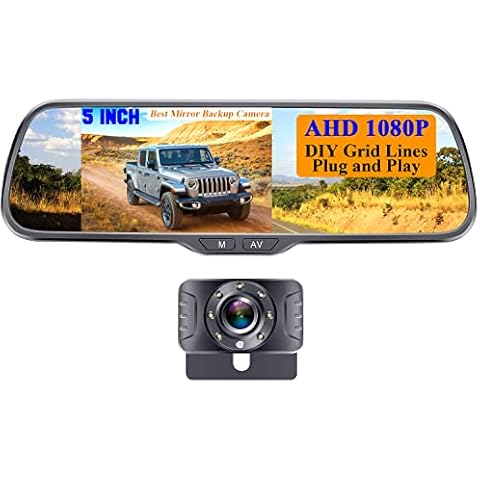 Reversing Camera for Car HD 1080P 5" Mirror Monitor Two Video Channels Rear View Mirror Cameras ONE-Wire Plug and Play for Car Truck Van Caravan Rohent N01 Cover