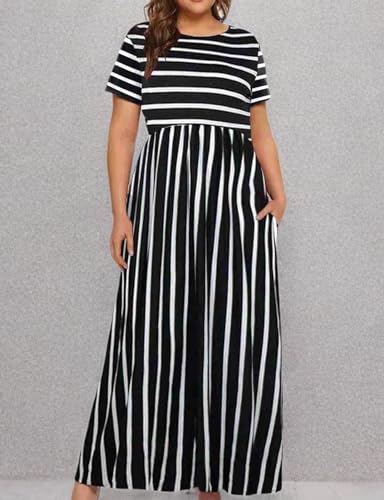 Image of Kancystore Women's Plus Size Maxi Dress with Pockets Summer Dresses XL-5X | Plus Size High Waisted Long Length Beach Dress, Empire Waist Round Neck Casual Dress, Solid Striped Floral Tie Dye Colors