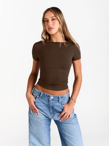 Image of Trendy Queen Womens Boat Neck Tops Short Sleeve Shirts | Compression Basic Tops,Y2K Aesthetic Slim Fit,Professional Business Casual, Polished Teacher Outfits