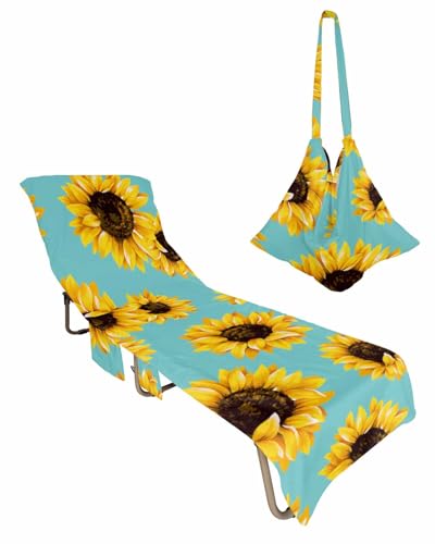 Yellow Sunflower Beach Chair Towel Covers for Chaise Lounge with Side Pocket, Soft Plush Pool Towels Cover for Patio Sunbathing Outdoor 29''x85'' Spring Botanical Plant Teal Color