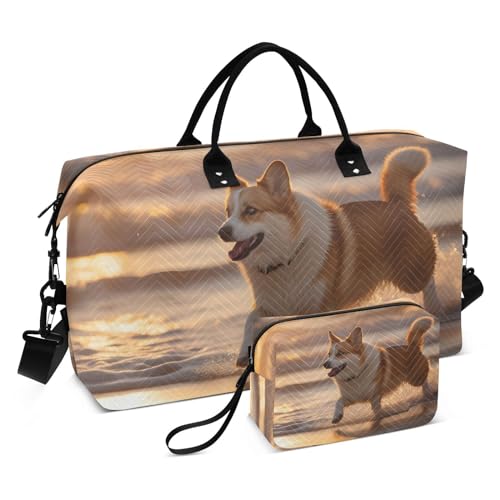 Large Travel Duffel Bag, Happy Puppy Run Beach Sport Tote Gym Bag, Shoulder Weekender Overnight Bag for Women Men, Carry On Luggage with Toiletry Bag