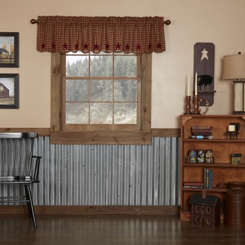 VHC Brands Classic Country Primitive Kitchen Window Curtains-Star Red Scalloped Valance, Burgundy