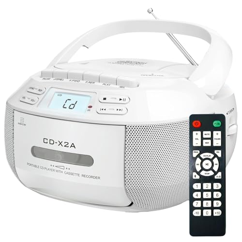 Reproductor de CD portátil Boombox, reproductor de casete Bluetooth con radio AM, FM, MP3, mando a distancia y pantalla LED para uso doméstico