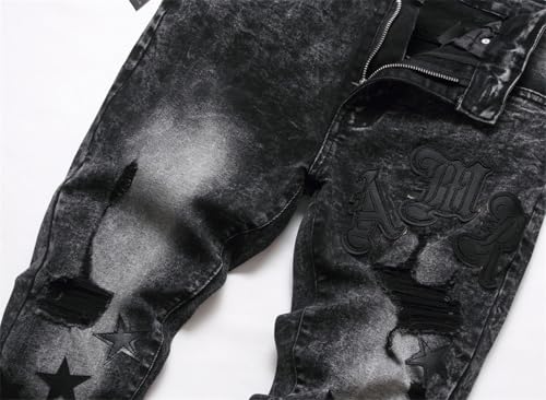 Kdtoll Herren Jeans, Y2K Slim Fit Stretch Hose mit Pentagramm-Design, Zerrissene Destroyed Jeanshose im Hip Hop Cowboy Style, Regular Straight Fit, Modisch und Vielseitig für Streetwear
