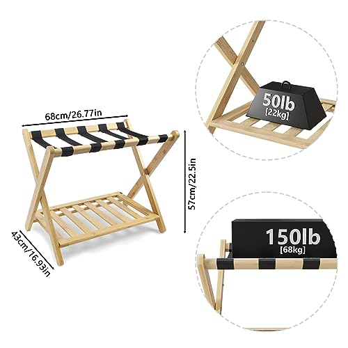 Smuxee Fully Assembled Luggage Rack for Guest Room, Upgraded Bamboo Foldable Suitcase Stand with 5 Nylon Straps, Nature Luggage Holder with Shelf for Bedroom Hotel (Nature Luggage Rack 1pcs)