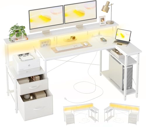 BEXEVUE Escritorio en forma de L con enchufes LED, 150 cm, escritorio de esquina moderno, 2 cajones, estantes reversibles, soporte para monitor grande, mesa de juego de esquina, estudio, trabajo