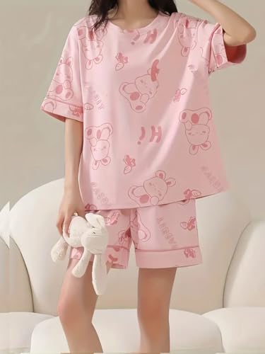 Image of Louis Luxe Womens Korean Night Dress || Short Pyjama Set || Korean Nightsuit || Women Nightwear ||Round Neck Short Sleeve Nightsuit || Loungewear || Everyday Nightdress (ND-01)