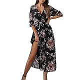 Robe Chic Et Elegant Robe Femme Boheme Chic Robe d'été imprimée Florale pour Femmes décontracté col en V Boho Robe de Soleil Fluide Robe Femme Ample Fluide Robe Femme Ete Mi Longue