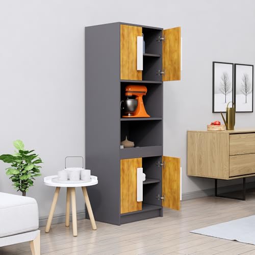 Image of Bniture Multipurpose Crockery Cabinet | Engineered Wood Kitchen Cabinet Modern with 4 Doors & Shelves | Crockery Unit for Dining Area | Kitchen Crockery Cabinet for Home | Slate Grey & Giant Wood