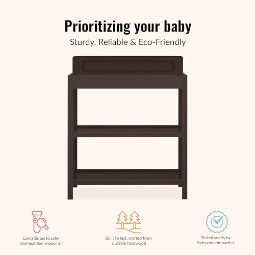 Image of Dream On Me Avery Baby Changing Table with Storage, New Zealand Pinewood, BSA Safety Certified, 2 Open Shelves, Water-Based Finish, Compact Space-Saving Nursery Design, Chocolate Chip