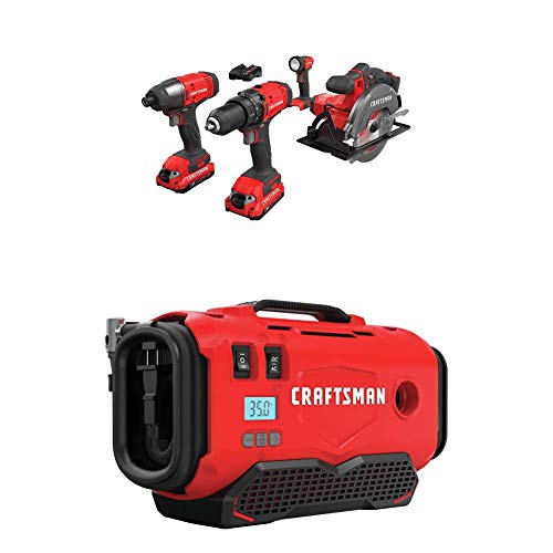 CRAFTSMAN Cordless Drill Combo Kit, 4 Tool & Inflator (CMCK401D2 & CMCE520B)