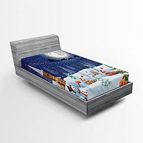 Ambesonne Christmas Fitted Sheet, Winter Season Snowman Xmas Tree Santa Sleigh Moon Present Boxes Snow and Stars, Soft Decorative Fabric Bedding All-Round Elastic Pocket, Twin Size, Cobalt Blue