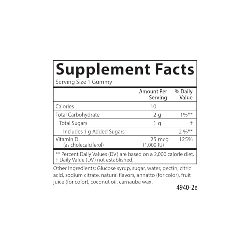 Carlson - Vitamin D3 Gummies, 1000 IU (25 mcg), Bone Health, Immune Support & Calcium Absorption, Natural Fruit Flavors, 60 Vegetarian Gummies - Image 3