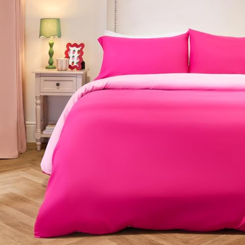 Brentfords Single Bedding Set, Super Soft Microfibre Polyester Plain Dyed Reversible Quilt Bedding Luxurious Warm Cosy Comfy Single Duvet Cover Set with Pillowcases, Hot Pink/Pink