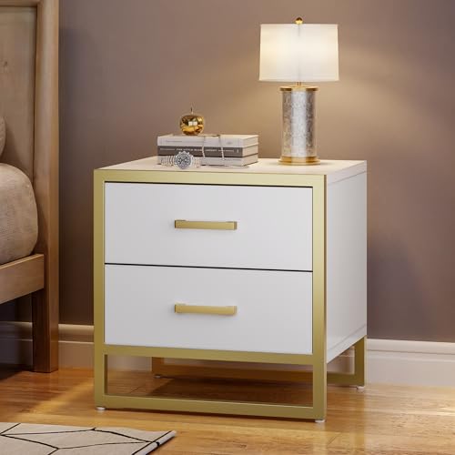 DWVO Night Stand, White and Gold Nightstand Bed Side Table with Drawers, Small Wood Nightstand Sofa Side Table Modern End Tables Bedroom, White