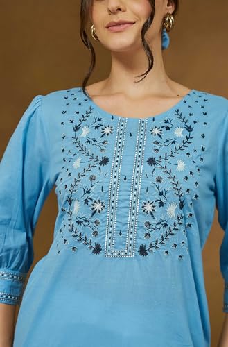 Image of Janasya Women's Pure Cotton Embroidered Straight Tunic