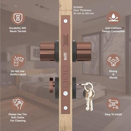 Image of GLOXY Zinc Knob Mortise Locks for Handle Lock Set with 3 Brass Keys, Bedroom Door Lock, Handle Lock for Kitchen, Hotel, Office | Rose Gold & Black Finish (2 Years Warranty, Pack of 1)