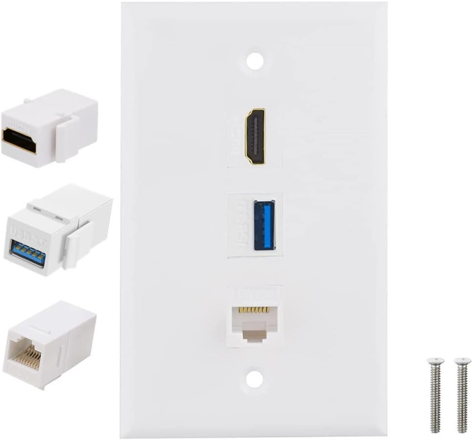Wall Plate 3Port HDMI USB Cat6 RJ45 Outlet Wall Plate, 1 x HDMI Jack + 1 x Cat6 RJ45 Ethernet + 1 x USB 3.0 Jack Support Keystone Wall Plate for Face Plate, White