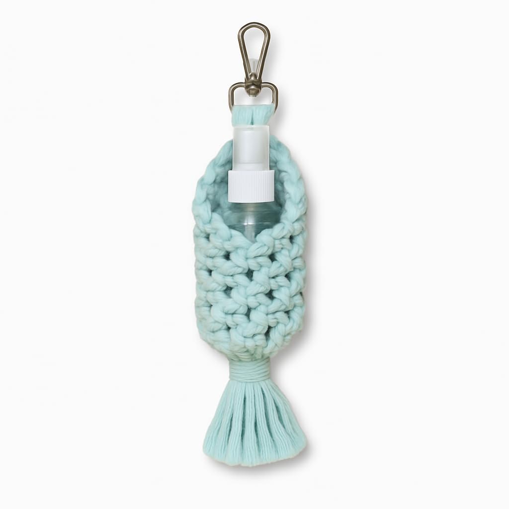 Macrame Sanitizer Holder Keychain | Travel Pouch with Clip | Perfect for Sanitizer or Small Essentials | 24 × 6 cm (3″ deep) | Light Blue, Pack of 1-image-6