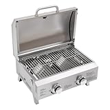 Edelstahl Gasgrill 2 Brenner Faltender Grill im Freien Tragbarer Tischgasgrill mit Anschlussstück and Pizzastein, Piezoelektrische Zündmethode, für Jeden Außenbereich, 55.8 * 45 * 38cm