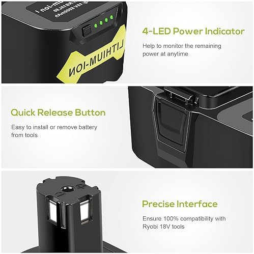 LabTEC RB18L50 Battery 18V 5000mAh Replacement for Ryobi 18V Battery BPL-1815 BPL-1820G BPL1820 BPL18151 P102 P103 Cordless Power Tool with Indicator light