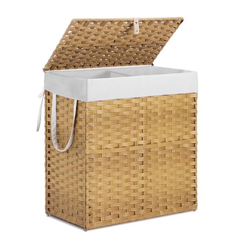 Woven Laundry Hamper with Lid, Large Rattan Clothes Hamper with Removable Machine-Washable Liner, Foldable Laundry Basket with Sturdy Steel Frame, Odor Control for Bedroom Bathroom, 110L Capacity