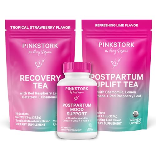 Image of Pink Stork Postpartum Essentials Kit – Hormone Balance, Recovery & Mood Support for New Moms – Postnatal Vitamins Ashwagandha + Herbal Teas for Stress Relief, Energy, Sleep – Gift Set – Vegan, Organic
