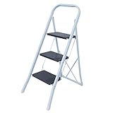 MSV - Escalera Plegable de Acero de 3 peldaños - Capacidad de 150 kg - Estándar de Seguridad GS - Diseño Compacto y Plegable, Ahorra Espacio - Patas Antideslizantes - Blanco y Negro