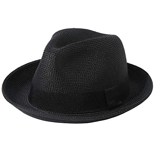 Lanzom Chapeau de paille pliable et enroulable pour homme et femme - Fedora - Chapeau de plage, A-noir, Taille M Cover